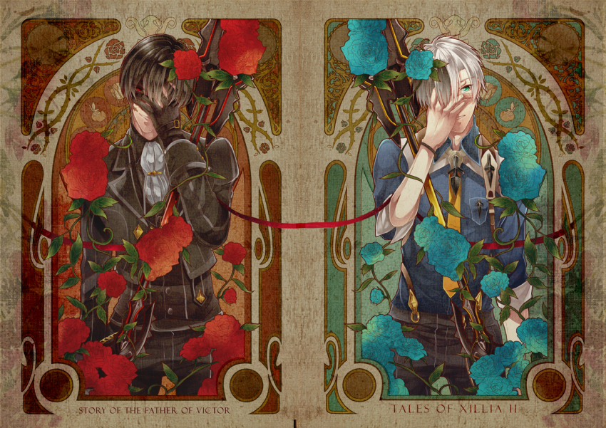 2boys, black_hair, blue_flower, blue_rose, copyright_name, ascot, english_text, engrish_text