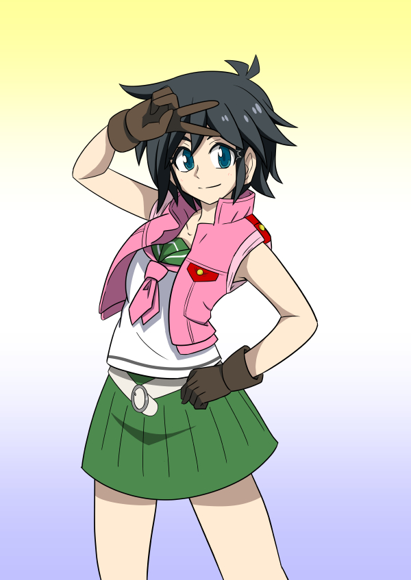 10s, 1girl, belt, black_hair, blue_eyes, gloves, gradient_background, gundam, gundam_build_fighters, imai_alice, lanlanlancho, pleated_skirt, school_uniform, skirt, v