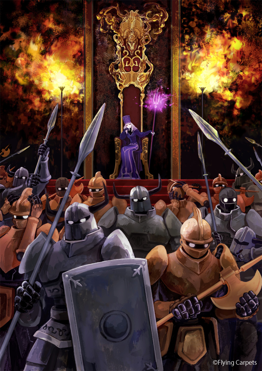 1girl, armor, axe, cape, dress, english_text, hat, helmet, highres, horns, long_hair, monaka_(siromona), on_throne, polearm, robot, shield, sitting, spear, the_evil_queen_(gnr), the_girl_and_the_robot, throne, trident, unworn_headwear, unworn_helmet, weapon