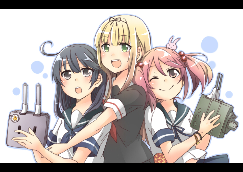 10s, 3girls, :d, :o, ;), ahoge, black_hair, blonde_hair