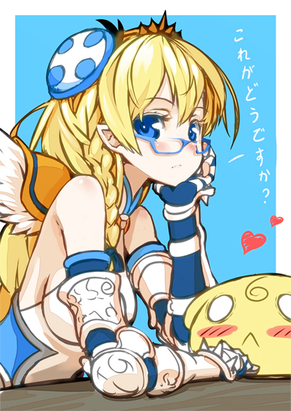 0_0, 1girl, :<, alternate_color, bare_shoulders, bespectacled, blonde_hair, blue-framed_eyewear