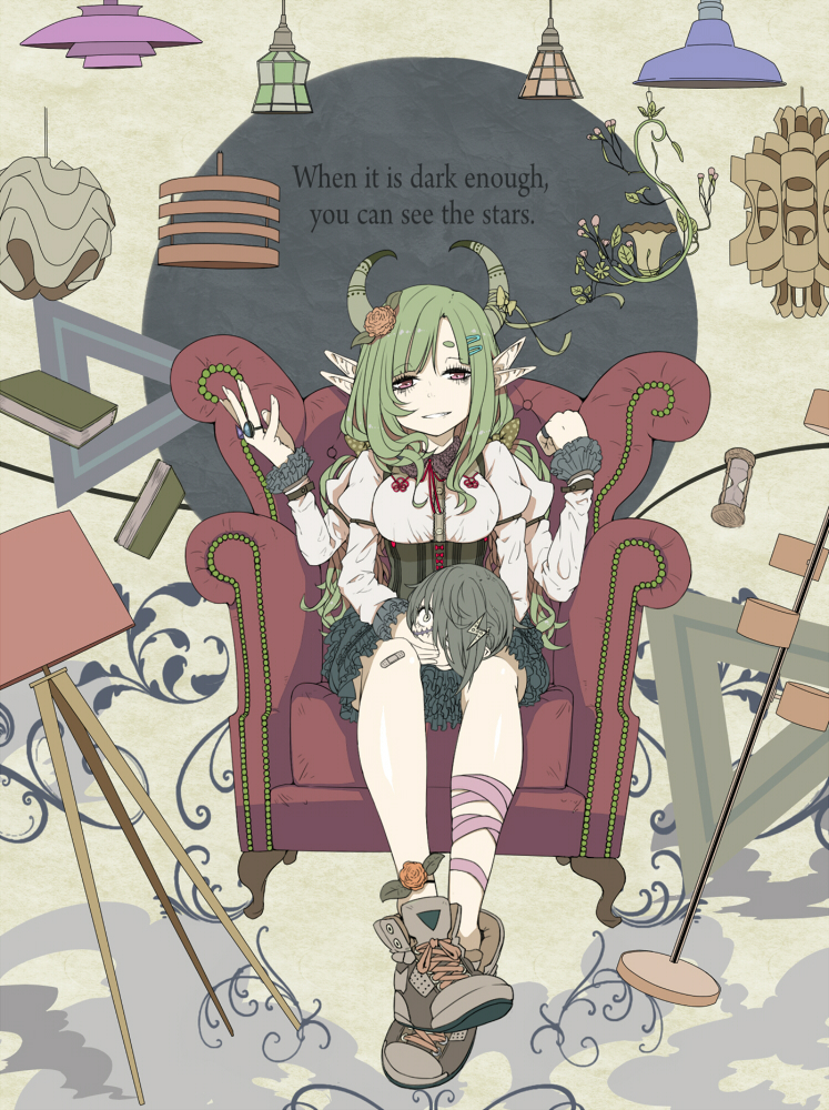 1girl, ankle_lace-up, ankle_ribbon, armchair, bandages, book, chair, corset