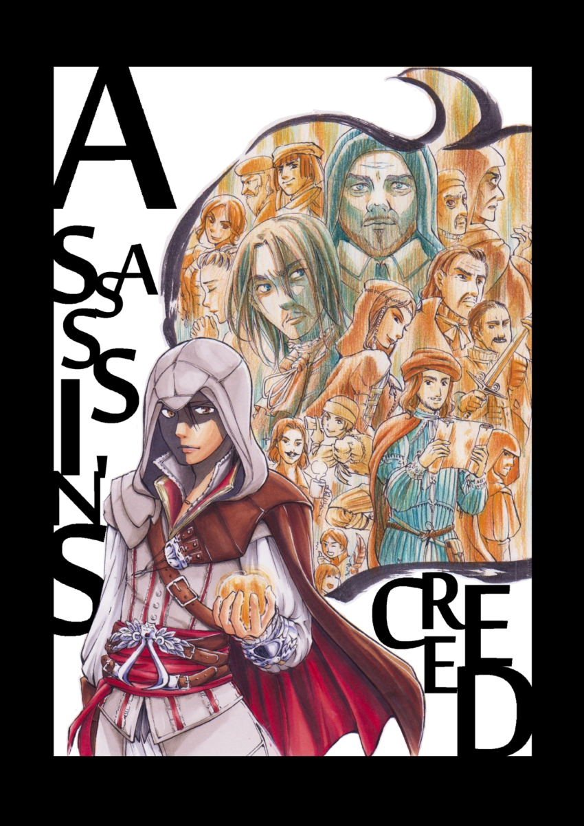 5girls, 6+boys, apple_of_eden_(assassin's_creed), assassin's_creed_(series), assassin's_creed_ii, cape, character_request, colored_pencil_(medium)