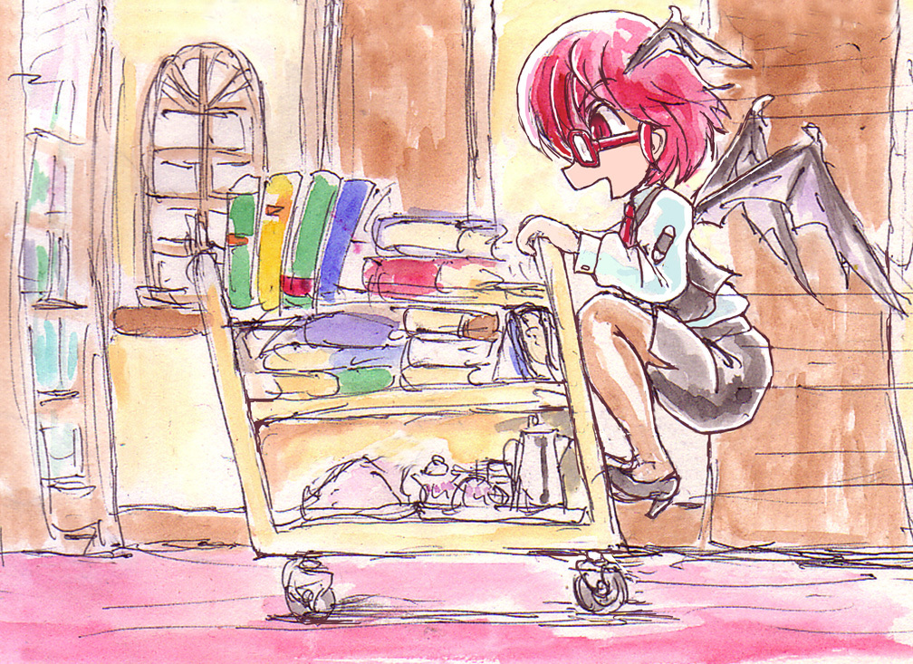 >:d, 1girl, :d, alternate_hair_length_(shorter), alternate_hairstyle, bat_wings, bespectacled, book