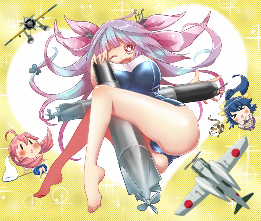>_<, 10s, 3girls, 61cm_quadruple_(oxygen)_torpedo_mount, aircraft, airplane, barefoot, between_legs