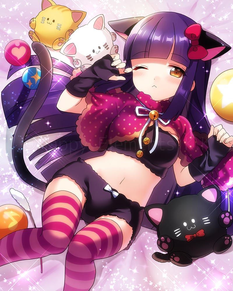 1girl, :<, ;<, aino_aika, animal_ears, ball, bell, blunt_bangs, bow, bra, cat_ears, ensemble_girls!, female_focus, fingerless_gloves, gloves, long_hair, lying, midriff, navel, official_art, on_back, one_eye_closed, original, panties, shawl, solo, sparkle, striped_clothes, striped_thighhighs, stuffed_animal, stuffed_cat, stuffed_toy, tail, thighhighs, underwear, watermark, wink, yellow_eyes, zettai_ryouiki