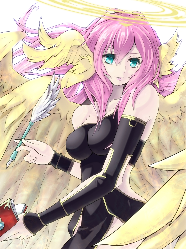 1girl, angel, angel_wings, aqua_eyes, archangel_metatron_(p&amp;d), bare_shoulders, female_focus, metatron_(p&amp;d), notebook, okeriba, pen, pink_hair, puzzle_&amp;_dragons, quill, smile, solo, wavy_hair, wing_ears, wings