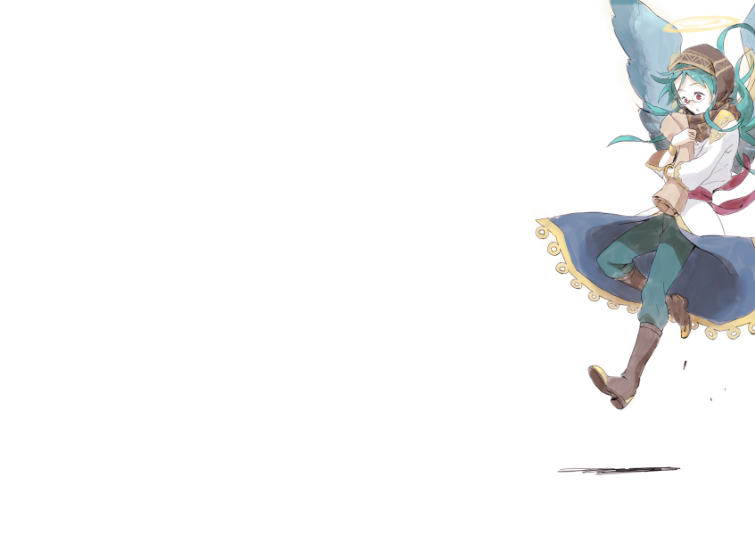 1boy, angel, archangel_gabriel_(p&amp;d), bad_id, bad_pixiv_id, blue_hair, boots, brown_boots, gabriel_(p&amp;d), glasses, halo, hood, madocca, male_focus, puzzle_&amp;_dragons, red_eyes, scroll, simple_background, solo, white_background, wings