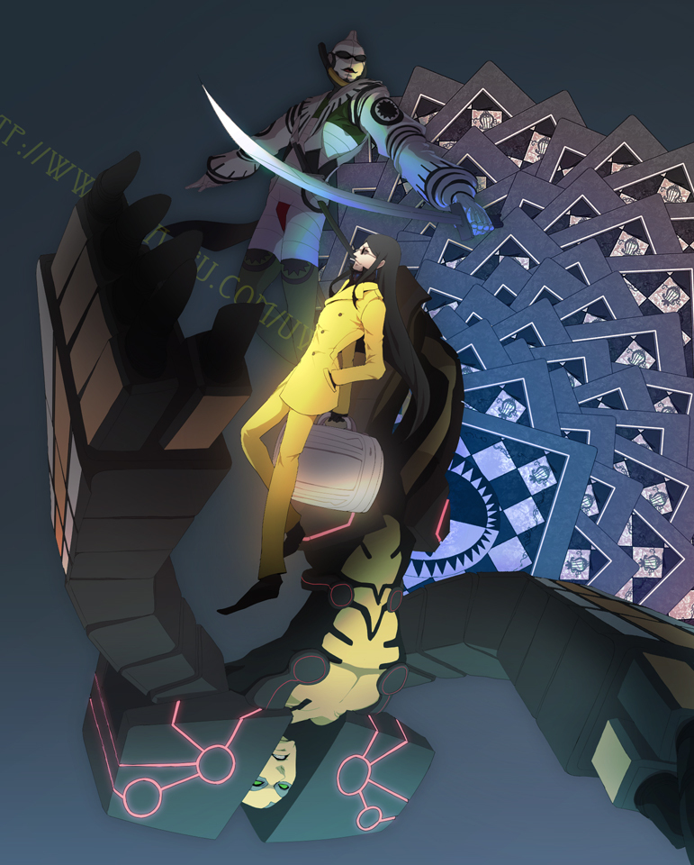 3boys, 909s, baofu, black_hair, katana, long_hair, male_focus, multiple_boys