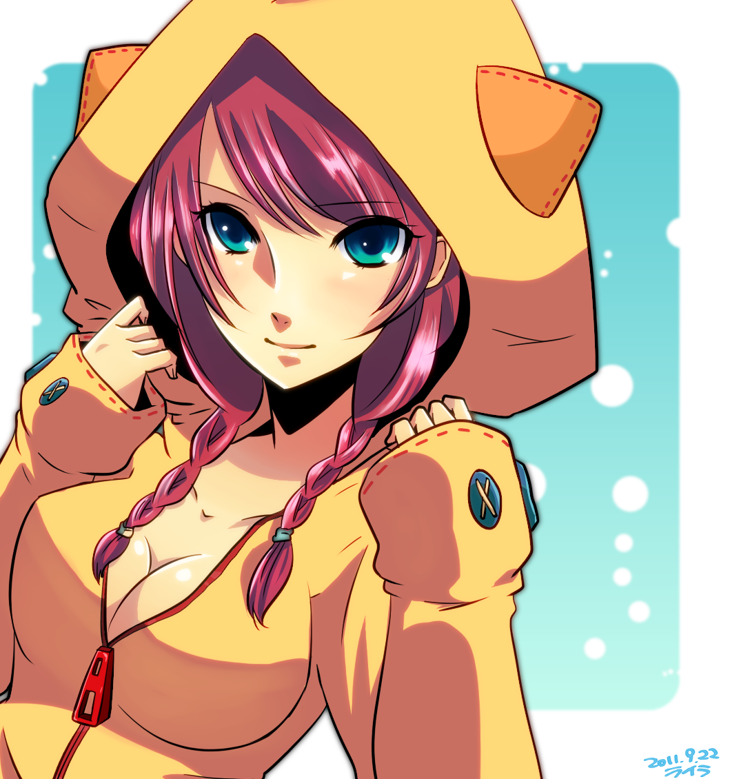 1girl, braid, breasts, cleavage, dated, female_focus, hair_over_shoulder, long_hair