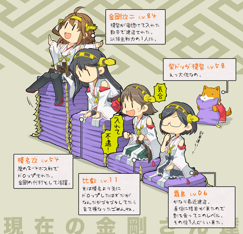 ._., 10s, 4girls, admiral_(kancolle), ahoge, black_hair, boots, brown_hair, comic, cushion, dog, glasses, haruna_(kancolle), headgear, hiei_(kancolle), kantai_collection, kirishima_(kancolle), kongou_(kancolle), long_hair, multiple_girls, non-human_admiral_(kancolle), nontraditional_miko, outstretched_arms, pajamas, personification, pillow, sayagata, seiza, shiba_inu, short_hair, shouten, sitting, spread_arms, suetake_(kinrui), thigh_boots, thighhighs, translation_request, zabuton, |_|