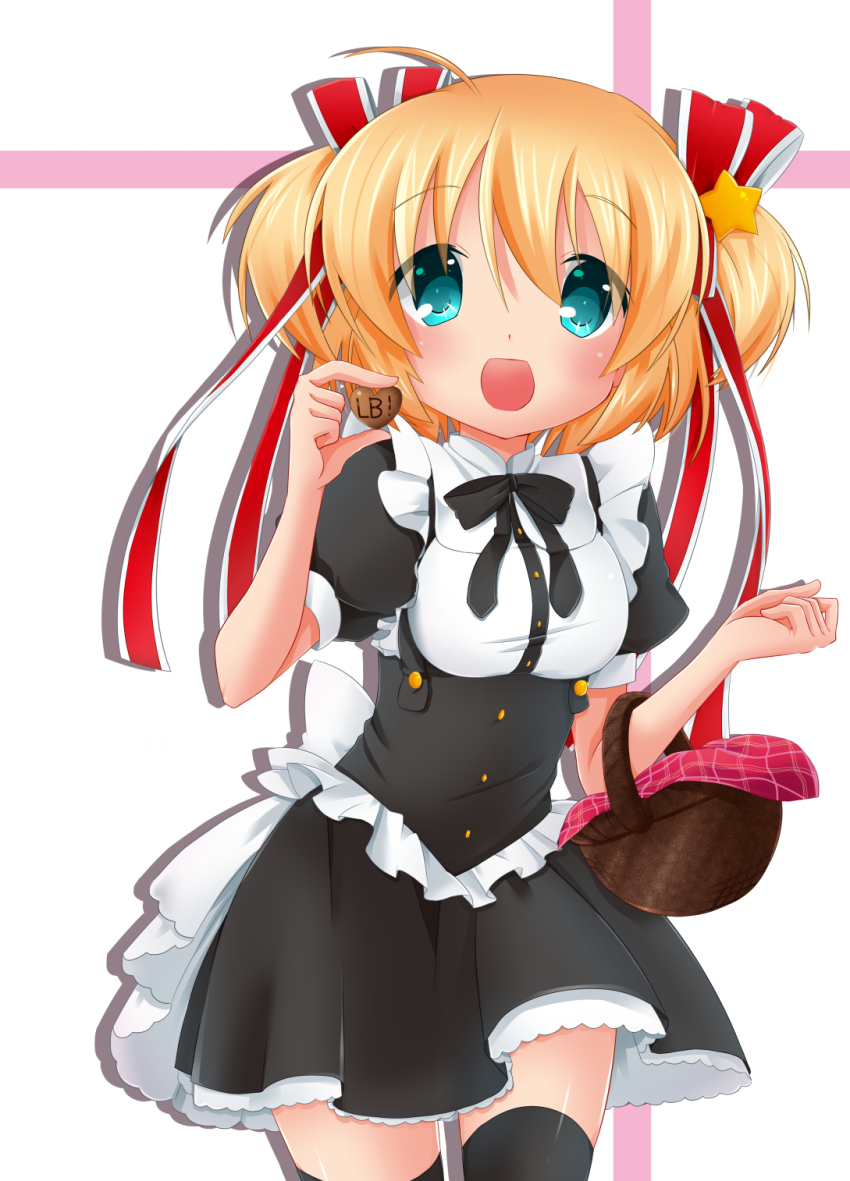 1girl, basket, blonde_hair, candy, chocolate, chocolate_heart, dress, food