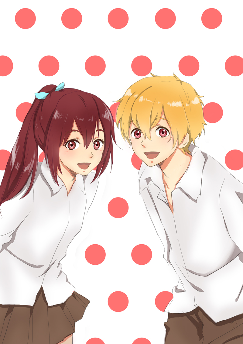 10s, 1boy, 1girl, bad_id, bad_pixiv_id, blonde_hair, blush, free!