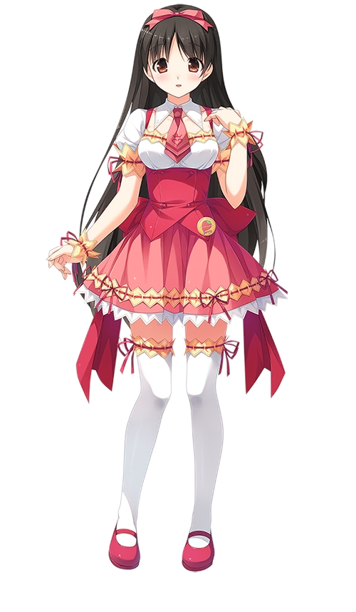 1girl, artist_request, asou_mitsuki, berry's, black_hair, brown_eyes, dress, hair_ribbon