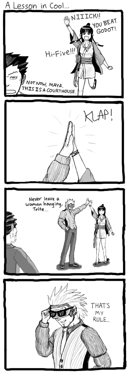 1girl, 2boys, ace_attorney, black_hair, crying_vegeta, english_text, godot_(ace_attorney), greyscale, highres, japanese_clothes, mask, maya_fey, monochrome, multiple_boys, phoenix_wright, phoenix_wright:_ace_attorney_-_trials_and_tribulations, self-upload