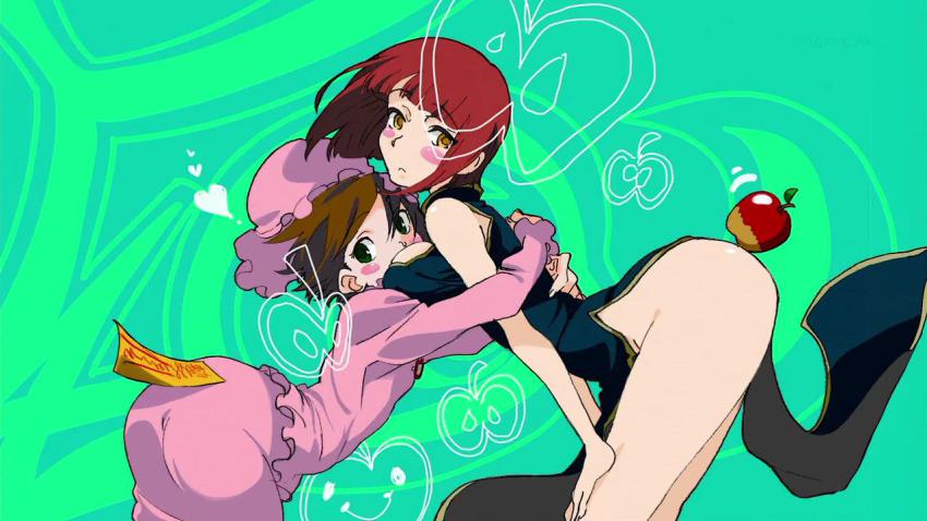 apple, azuma_rin, food, fruit, hug, kurumaki_zakuro, yozakura_quartet