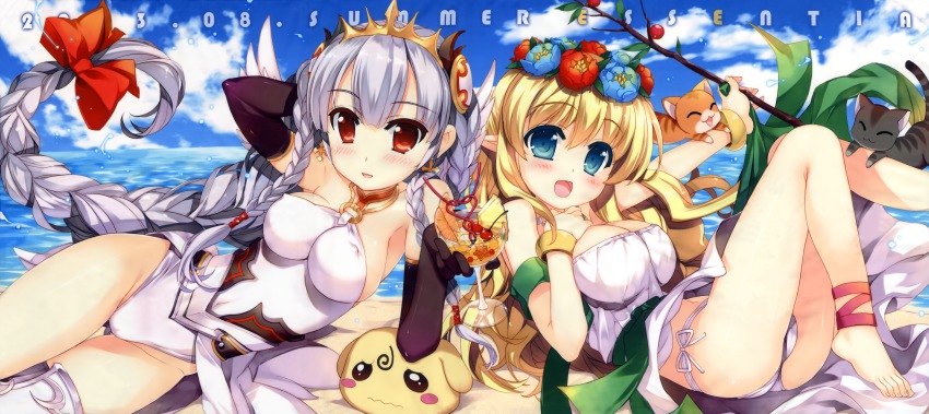 2girls, :d, absurdres, aqua_eyes, barefoot, blonde_hair, blue_sky, blush, blush_stickers, bodysuit, braid, breasts, cameltoe, cat, cherry, cleavage, cloud, collarbone, covered_erect_nipples, day, drink, elbow_gloves, elf, feet, flower, food, freyja_(p&amp;d), fruit, fujima_takuya, gloves, head_wreath, highres, huge_filesize, jewelry, large_breasts, legs, legs_up, leotard, light_valkyrie_(p&amp;d), long_hair, long_image, looking_at_viewer, lots_of_jewelry, multiple_girls, open_mouth, orange_(fruit), outdoors, palm_tree, panties, pineapple, plant, pointy_ears, puzzle_&amp;_dragons, red_eyes, shynee, shynee_(p&amp;d), side-tie_panties, silver_hair, sky, smile, string_panties, thighs, tiara, tree, underwear, valkyrie_(p&amp;d), wavy_mouth, white_panties, wide_image