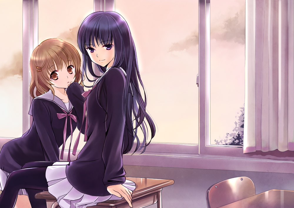 2girls, :o, brown_eyes, brown_hair, chair, classroom, desk, hair_ornament