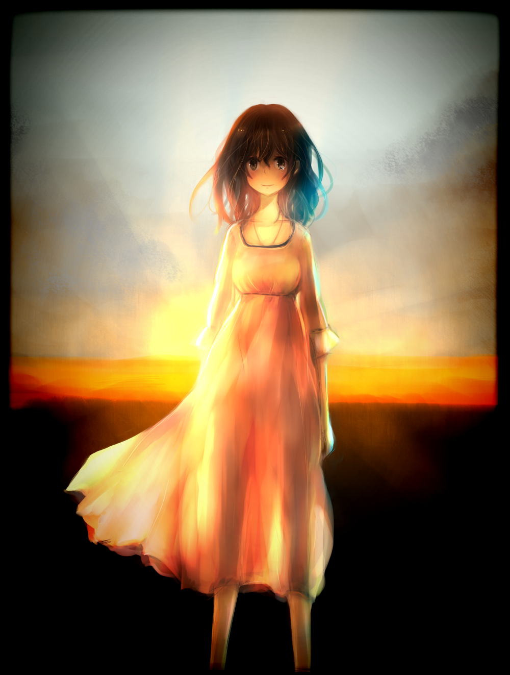 1girl, brown_eyes, brown_hair, dress, female_focus, highres, koneko_mari, long_hair