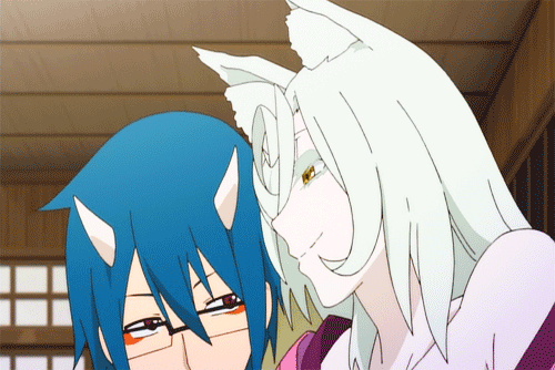 animated, animated_gif, biting, colored_eyelashes, biting_ear, kishi_kyosuke, lowres, tomoe_(yozakura_quartet), yozakura_quartet