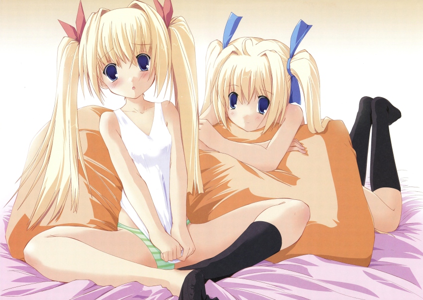 2girls, absurdres, bed, blonde_hair, blue_eyes, clover_heart's, feet, highres