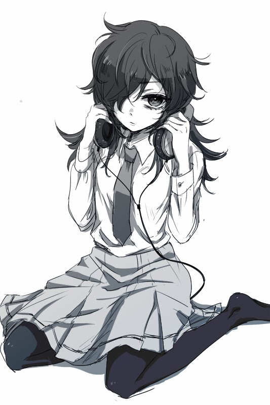 10s, 1girl, bags_under_eyes, black_hair, female_focus, full_body, hair_over_one_eye, headphones, headphones_around_neck, kuroki_tomoko, long_hair, messy_hair, mironomeo, monochrome, necktie, no_shoes, pantyhose, school_uniform, sitting, solo, wariza, watashi_ga_motenai_no_wa_dou_kangaetemo_omaera_ga_warui!