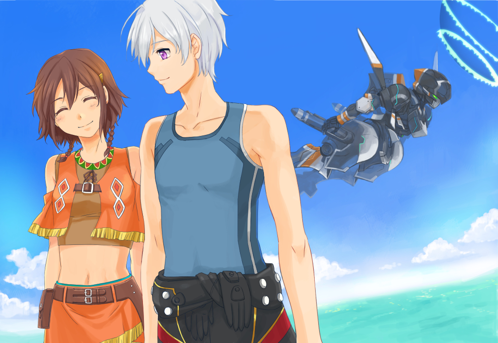 10s, 1boy, 1girl, amy_(suisei_no_gargantia), brown_hair, chamber_(suisei_no_gargantia), closed_eyes, hisui_(paingumi)