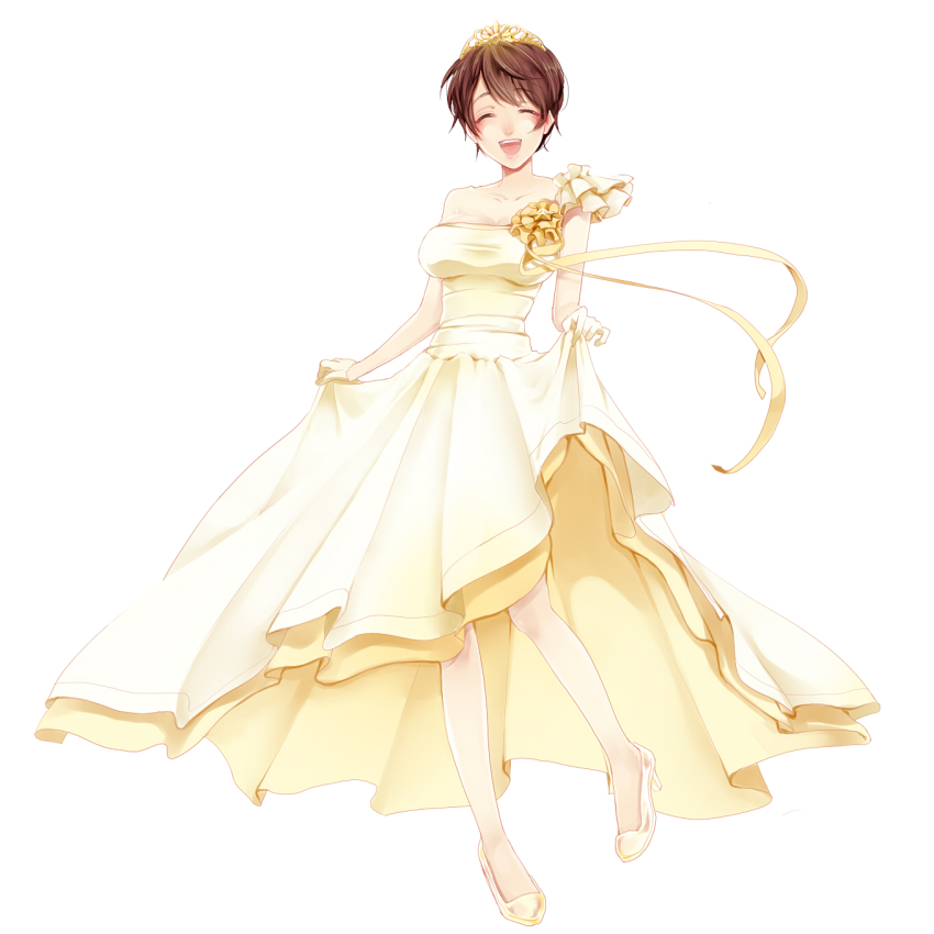 10s, 1girl, bad_id, bad_pixiv_id, blush, breasts, brown_eyes, closed_eyes, dress, female_focus, full_body, gloves, gown, harureya, high_heels, highres, holding_own_dress, idolmaster, idolmaster_cinderella_girls, large_breasts, long_dress, oikawa_shizuku, short_hair, simple_background, smile, solo, white_background