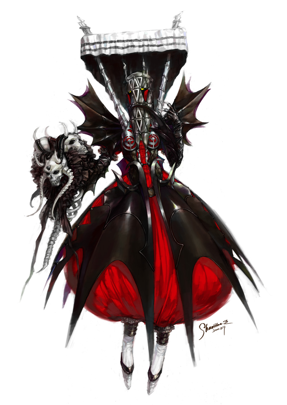 hades_(persona_2), headdress, highres, persona, persona_2, persona_2_tsumi, puffy_pants, shaliva, skull, staff