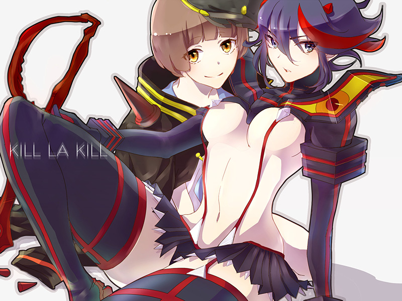 10s, 2girls, bad_id, bad_pixiv_id, banchou, black_hair, blue_eyes, brown_eyes