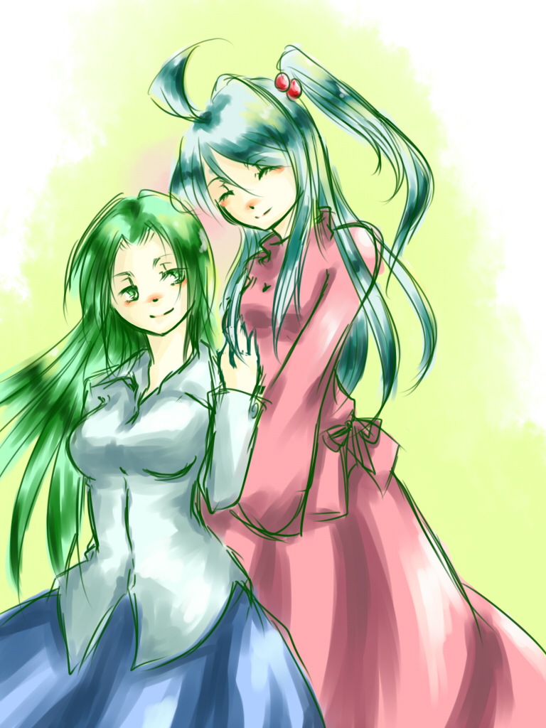 2girls, ahoge, green_eyes, green_hair, hair_bobbles, hair_ornament, mashiro, mima_(touhou), multiple_girls, shinki_(touhou), side_ponytail, silver_hair, touhou, touhou_(pc-98)