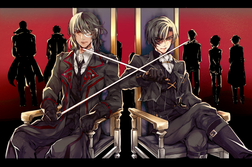 2boys, ascot, bandage_over_one_eye, bandages, black_gloves, black_hair, chair, crossed_legs