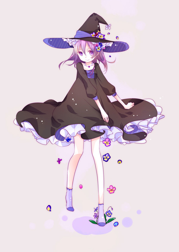 1girl, bad_id, bad_pixiv_id, bara_no_maria, black_dress, dress, female_focus, flower, hat, korona_(bara_no_maria), long_hair, meroru, purple_eyes, purple_hair, solo, violet_(flower), witch_hat