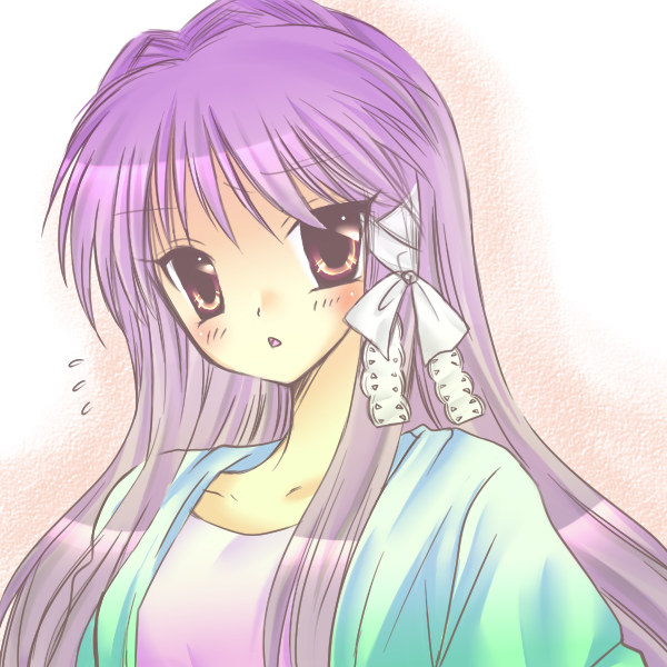 00s, 1girl, :o, blush, casual, clannad, female_focus, flying_sweatdrops, fujibayashi_kyou, hair_ribbon, kirarin, long_hair, looking_at_viewer, open_mouth, purple_eyes, purple_hair, ribbon, solo, tress_ribbon