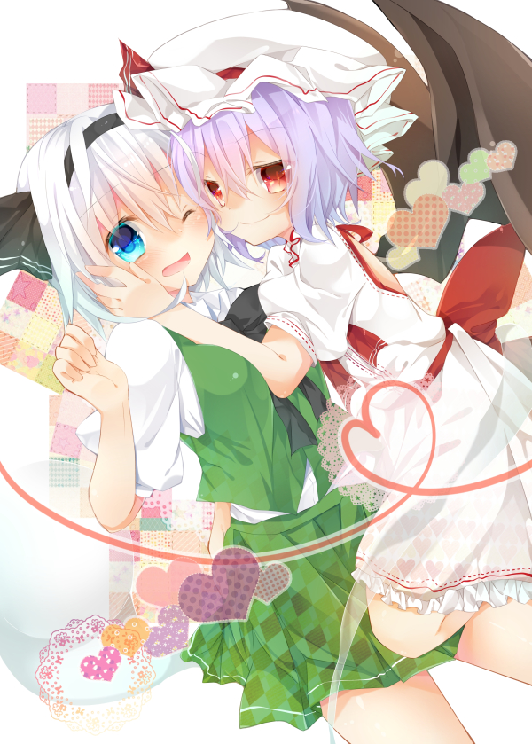 2girls, bad_id, bad_pixiv_id, bat_wings, blue_eyes, blush, bow, hair_ribbon