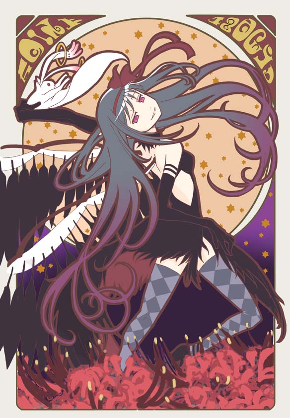 10s, 1girl, akemi_homura, akuma_homura, argyle_clothes, argyle_thighhighs, arm_warmers, art_nouveau