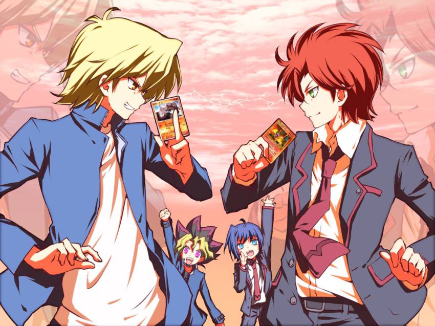 10s, 4boys, artist_request, belt, blonde_hair, blue_hair, card, cardfight!!_vanguard, character_request, charizard, cheering, clenched_teeth, crossover, duel, gen_1_pokemon, ishida_naoki, jacket, jonouchi_katsuya, male_focus, multicolored_hair, multiple_boys, muto_yugi, nintendo, onix, open_mouth, pokemon, pokemon_(creature), red_hair, school_uniform, sendou_aichi, teeth, yu-gi-oh!