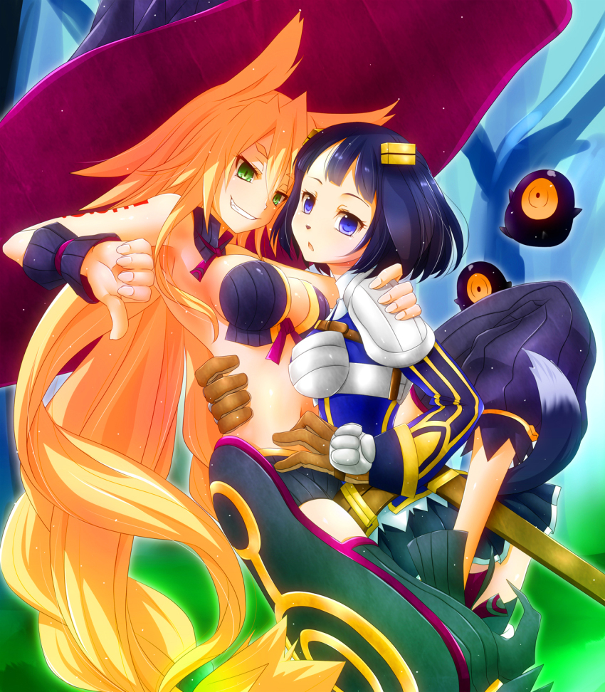 2girls, animal_nose, armor, armored_dress, black_hair, blonde_hair, blue_background, blue_eyes, bra, detached_collar, dress, gloves, gradient_background, green_background, green_eyes, grin, hair_ornament, hairclip, hat, highres, long_hair, majo_to_hyakkihei, metallica_(majo_to_hyakkihei), multiple_girls, nippon_ichi, short_hair, shorts, skirt, smile, tattoo, thumbs_down, underwear, very_long_hair, viscole_dotrish, watarui, wrist_cuffs, yuri