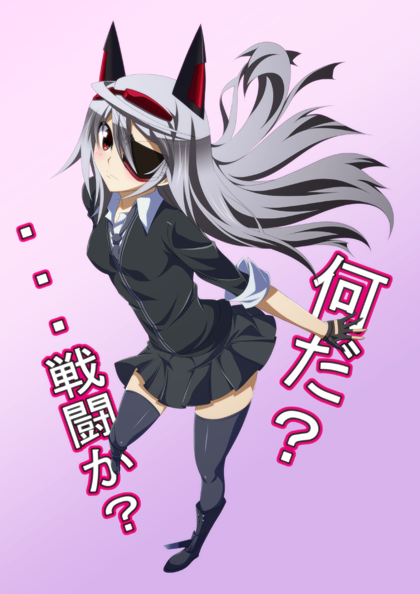 1girl, black_thighhighs, boots, cosplay, eyepatch, female_focus, foreshortening, gloves