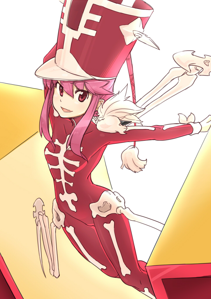 10s, 1girl, bodysuit, bone, female_focus, futaba_no_taiko, hat, jakuzure_nonon, jakuzure_nonon_(symphony_regalia), kill_la_kill, pink_eyes, pink_hair, shako_cap, sidelocks, smile, solo, tooru0908