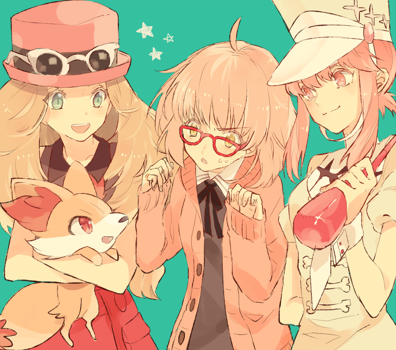 10s, 3girls, bad_id, bad_pixiv_id, baton, blonde_hair, cardigan, conductor_baton, crossover, eyewear_on_head, fennekin, gen_6_pokemon, glasses, green_eyes, hat, jakuzure_nonon, kill_la_kill, kuriyama_mirai, kyoukai_no_kanata, long_hair, multiple_girls, nintendo, pink_eyes, pink_hair, pokemon, pokemon_(anime), pokemon_(creature), pokemon_x_and_y, red-framed_eyewear, season_connection, serena_(pokemon), shako_cap, short_hair, sidelocks, smile, sunglasses, tsubonari