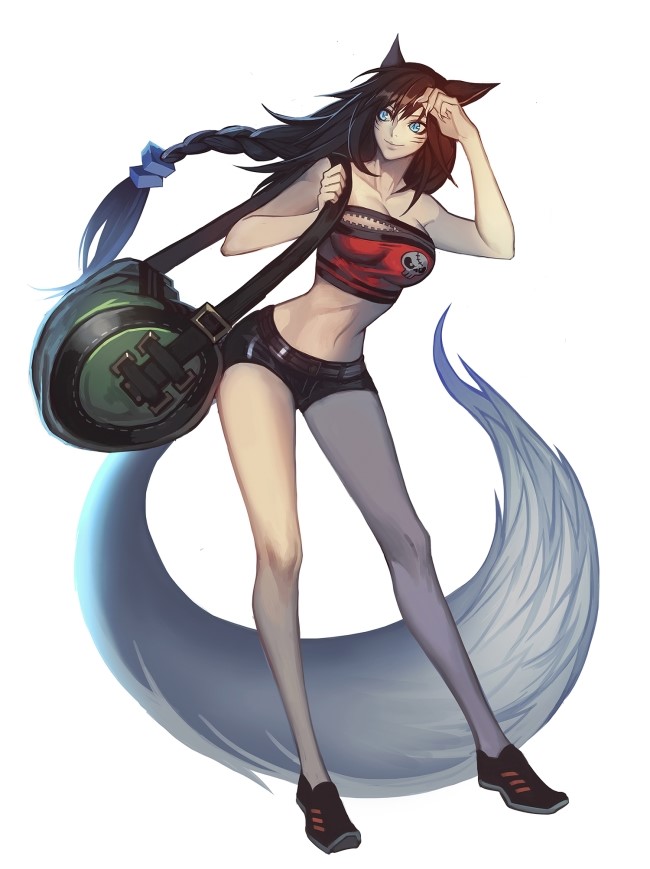 1girl, ahri_(league_of_legends), animal_ears, bag, bare_legs, bare_shoulders, belt, black_hair, blue_eyes, braid, breasts, casual, duffel_bag, facial_mark, female_focus, fox_ears, fox_tail, large_breasts, league_of_legends, long_hair, low-tied_long_hair, midriff, no_bra, shoes, short_shorts, shorts, single_braid, slit_pupils, sneakers, solo, strapless, tail, tube_top, tyutii, very_long_tail, whisker_markings, zipper