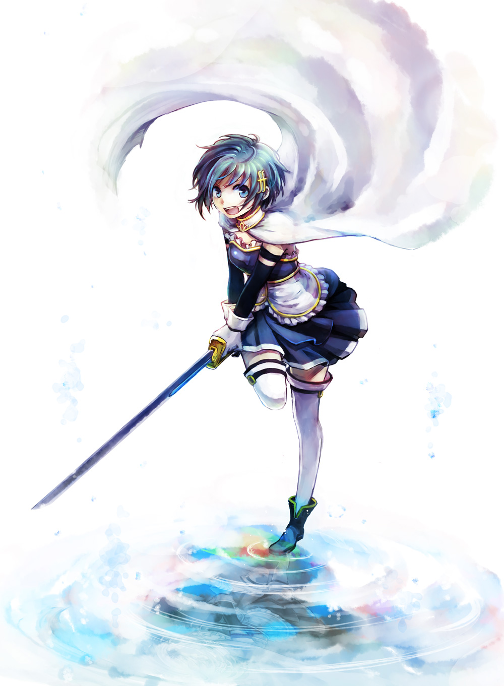 10s, 1girl, :d, blue_eyes, blue_hair, cape, female_focus, fortissimo, gloves, hair_ornament, hairclip, highres, magical_girl, mahou_shoujo_madoka_magica, mahou_shoujo_madoka_magica_(anime), mahou_shoujo_madoka_magica_movie_1_&amp;_2, matching_hair/eyes, merveilles, miki_sayaka, miki_sayaka_(magical_girl), musical_note, musical_note_hair_ornament, open_mouth, reflection, ripples, short_hair, smile, solo, sword, thighhighs, water, weapon, zettai_ryouiki
