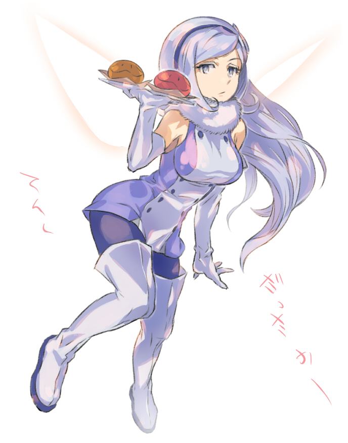 10s, 1girl, aila_jyrkiainen, beret, black_pantyhose, blue_eyes, boots, elbow_gloves, female_focus, food, fur_trim, gloves, gundam, gundam_build_fighters, haro, hat, hnt, pantyhose, solo, steamed_bun, thigh_boots, thighhighs, white_boots, white_gloves, white_hair