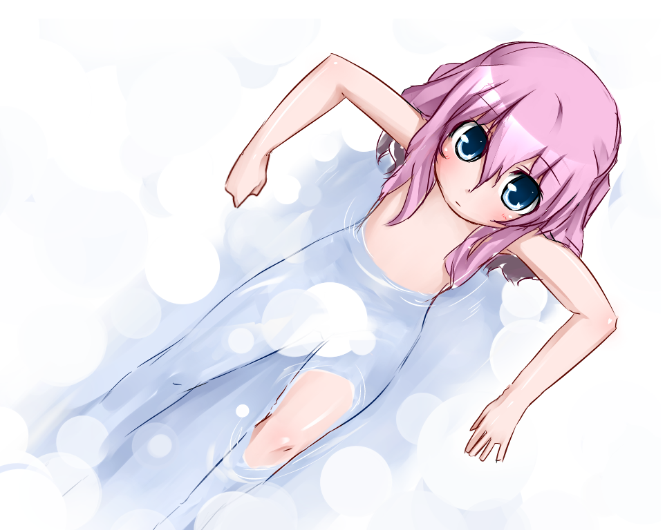 1girl, blue_eyes, blush, female_focus, flat_chest, long_hair, looking_up, manaita_petako, moegi_nenene, nude, original, partially_submerged, pink_hair, solo, water