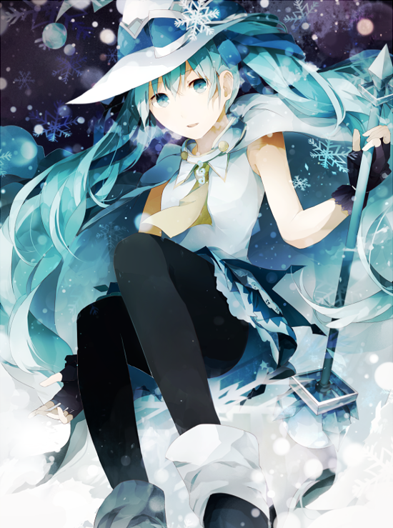 1girl, aji77, aqua_eyes, aqua_hair, cape, female_focus, hat, hatsune_miku