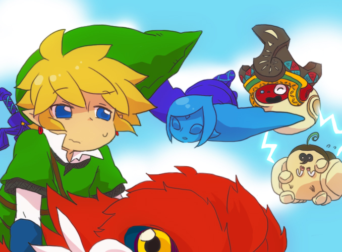 1boy, 1girl, atz6, blonde_hair, blue_eyes, earrings, fi_(zelda), hat, jewelry, kikwi, link, loftwing, nintendo, pointy_ears, sky, sword, the_legend_of_zelda, the_legend_of_zelda:_skyward_sword, weapon