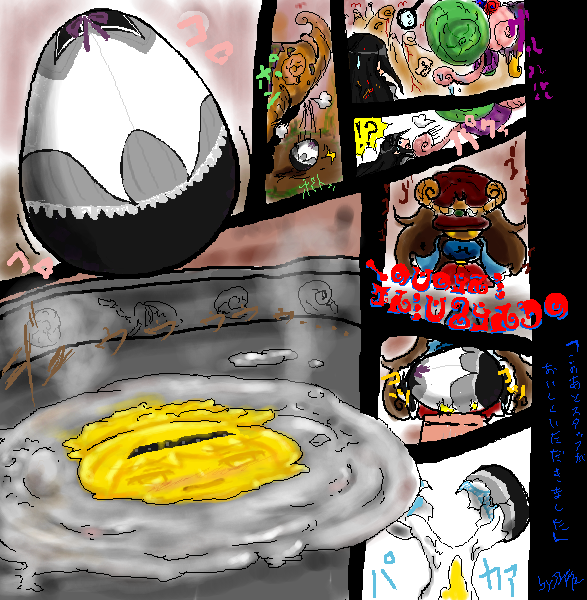 !?, 10s, akemi_homura, black_eyes, black_hair, blush, broken_egg, brown_hair