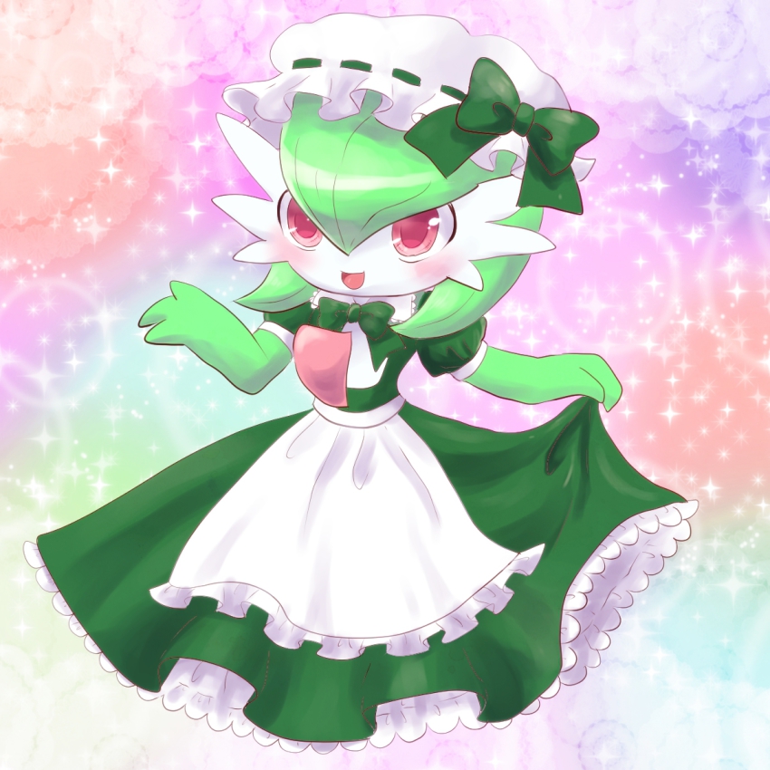 1girl, apron, bad_id, bad_pixiv_id, blush, bow, clothed_pokemon, dress, female_focus, gardevoir, gen_3_pokemon, hat, highres, kemoribon, maid, maid_apron, nintendo, open_mouth, pink_eyes, pokemon, pokemon_(creature), renge-kemo, smile, solo, sparkle