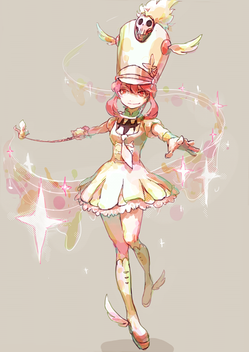 10s, 1girl, bad_id, bad_pixiv_id, baton, boots, conductor_baton, dress, female_focus, hat, jakuzure_nonon, kill_la_kill, magicsquare0, pink_eyes, pink_hair, shako_cap, shoes, sidelocks, smile, solo, winged_footwear, winged_hat, wings